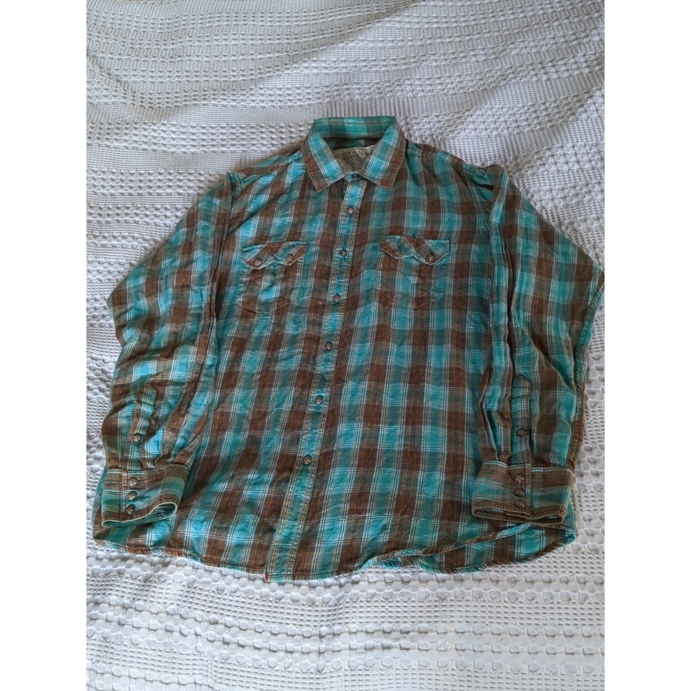 Ryan‎ Michael Snap Western Shirt Plaid Turquoise Blue Brown Sz Large